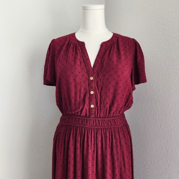 LOFT Burgundy Swiss Dot Textured Button Front Midi A-Line Dress L - Picture 3 of 11